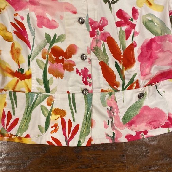 Chico's White Cotton Stretch Collared Blazer w/ Watercolor Floral Print Size 0 - Picture 7 of 13